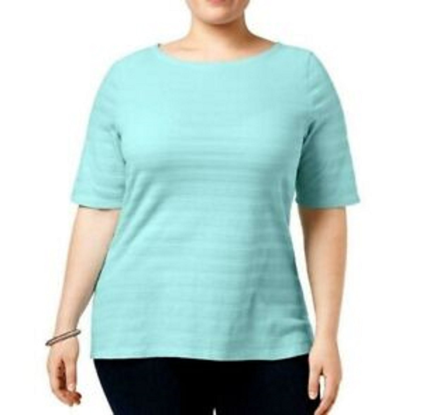 Charter Club Blusa feminina de algodão texturizado com listras e mangas curtas, turquesa/azul-marinho, tamanho grande