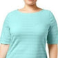 Charter Club Blusa feminina de algodão texturizado com listras e mangas curtas, turquesa/azul-marinho, tamanho grande