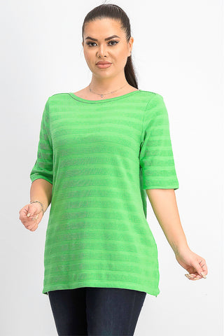 Charter Club Women's Cotton Texture-Striped Elbow-Sleeve Top Bright Green Size X-Small