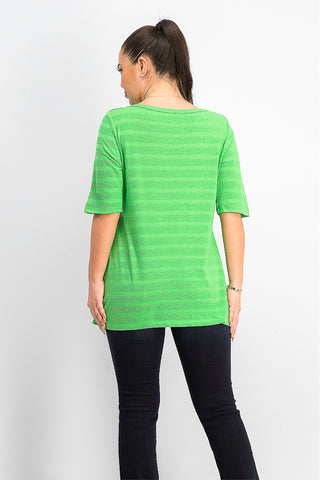 Charter Club Women's Cotton Texture-Striped Elbow-Sleeve Top Bright Green Size X-Small