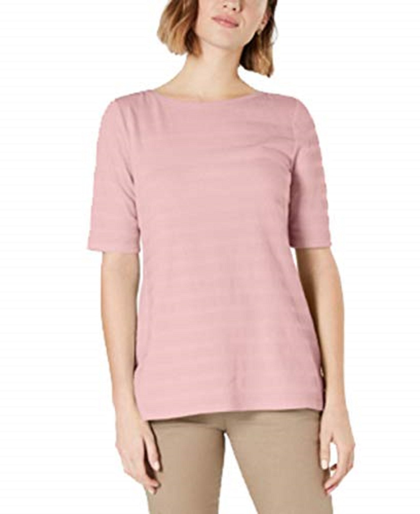 Charter Club Top feminino de algodão texturizado com listras e mangas curtas, rosa escuro, tamanho grande