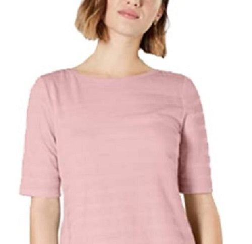 Charter Club Top feminino de algodão texturizado com listras e mangas curtas, rosa escuro, tamanho pequeno