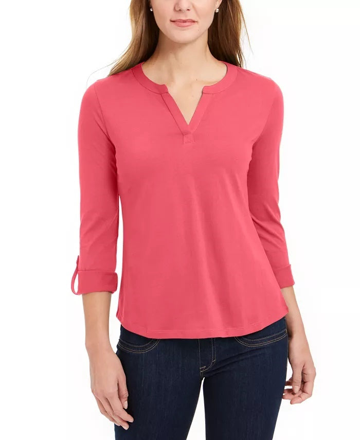 Charter Club Supima Cotton Top Feminino com Gola Dividida Rosa Tamanho Médio