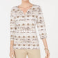 Karen Scott Blusa feminina com estampa geométrica e manga 3/4, marrom, tamanho XS