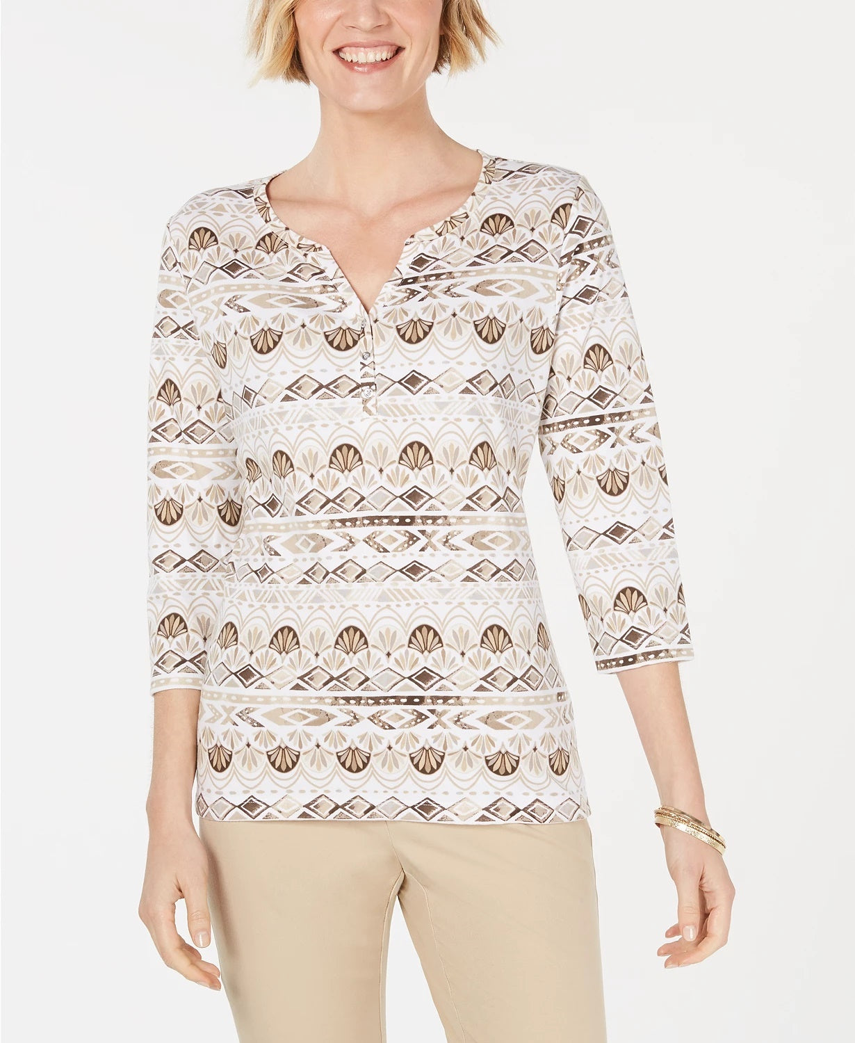 Karen Scott Blusa feminina com estampa geométrica e manga 3/4, marrom, tamanho XS