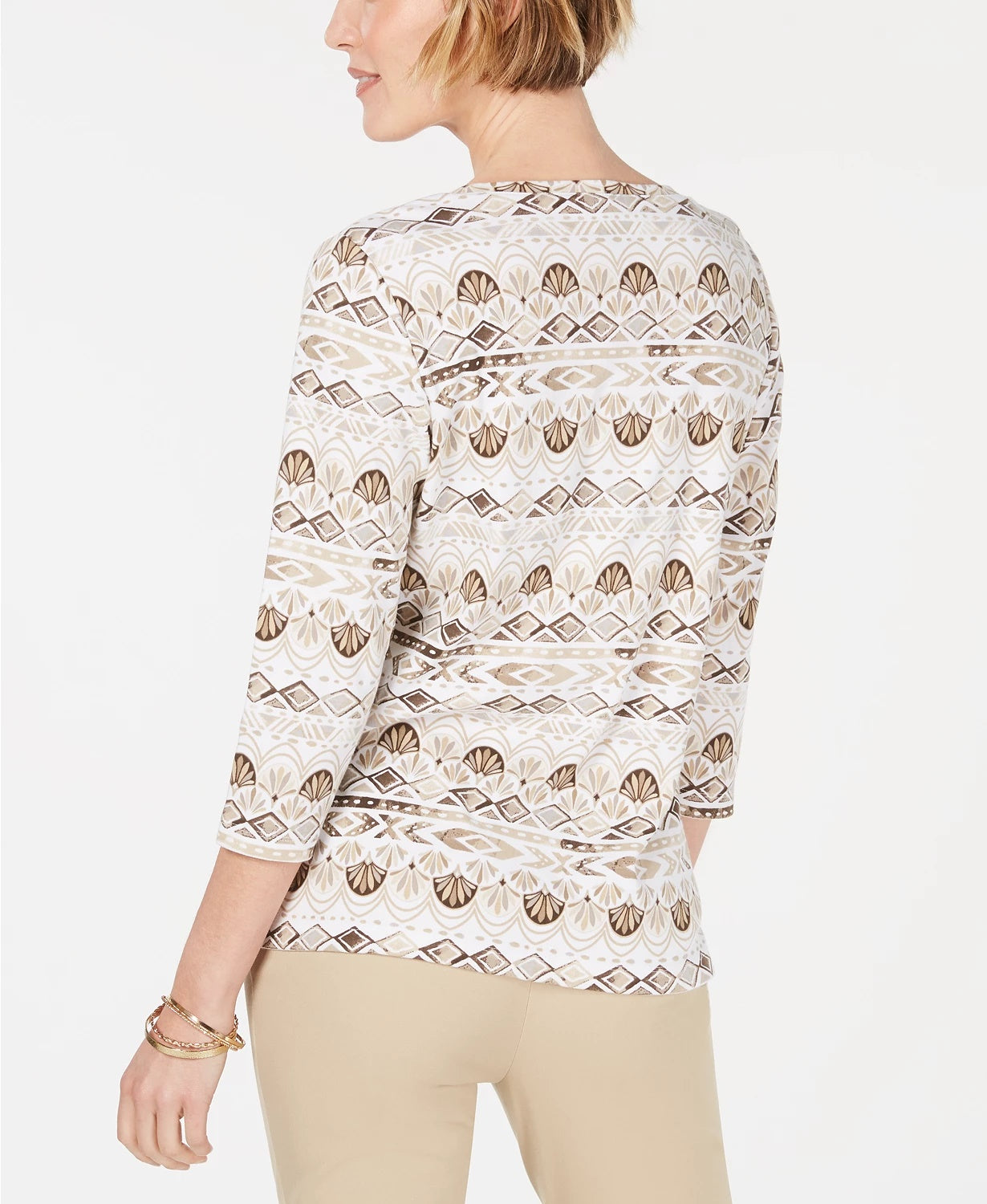 Karen Scott Blusa feminina com estampa geométrica e manga 3/4, marrom, tamanho XS