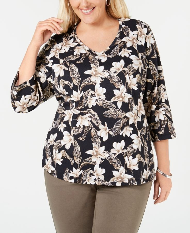 Blusa feminina Karen Scott com estampa floral e decote em V, preta, tamanho pequeno