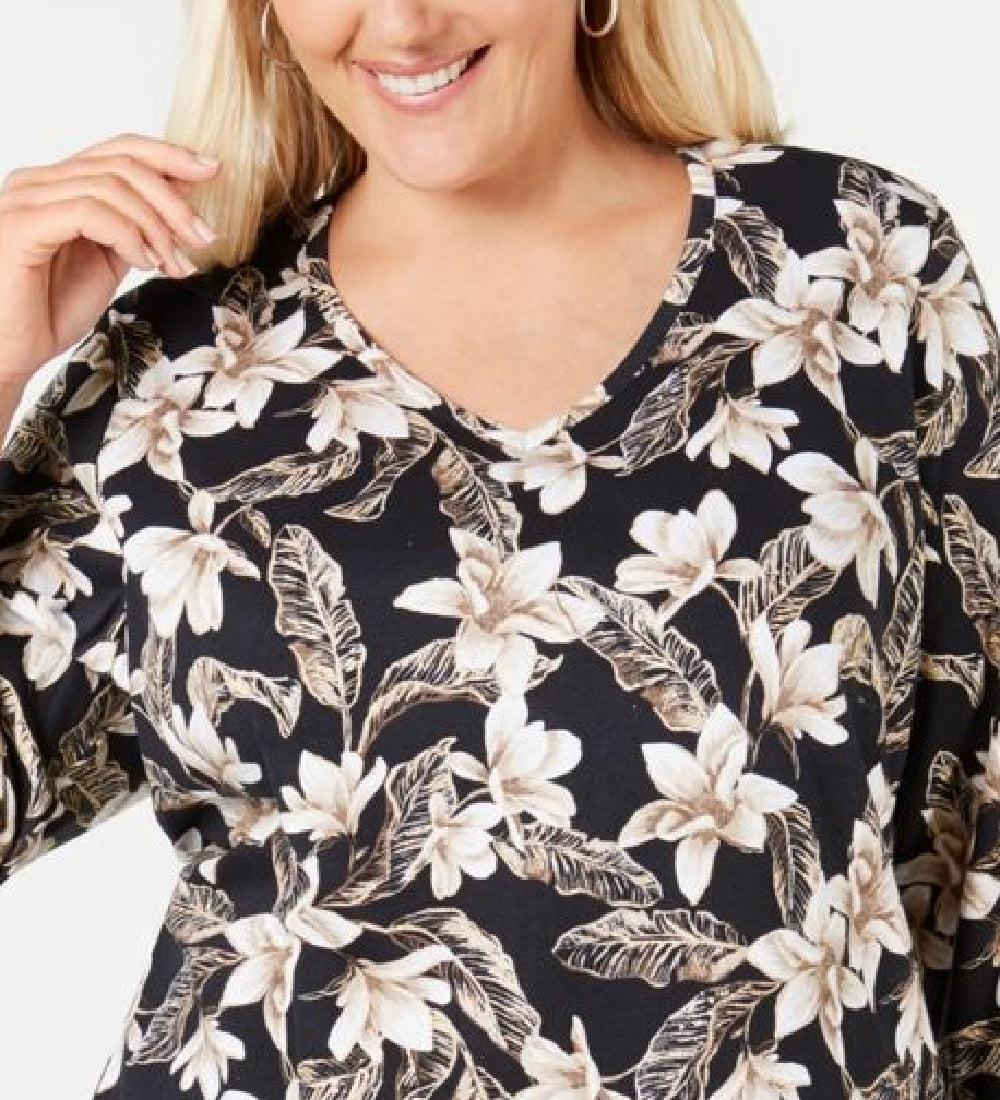 Blusa feminina Karen Scott com estampa floral e decote em V, preta, tamanho pequeno