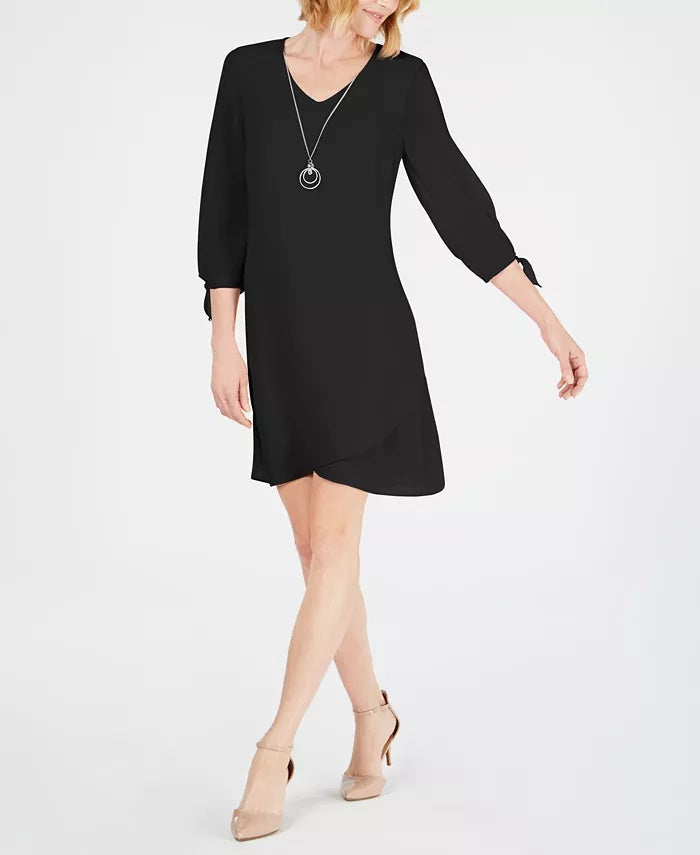 Vestido feminino JM Collection Petite com mangas amarradas e colar, tamanho pequeno, preto