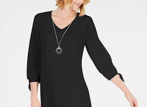 Vestido feminino JM Collection Petite com mangas amarradas e colar, tamanho pequeno, preto