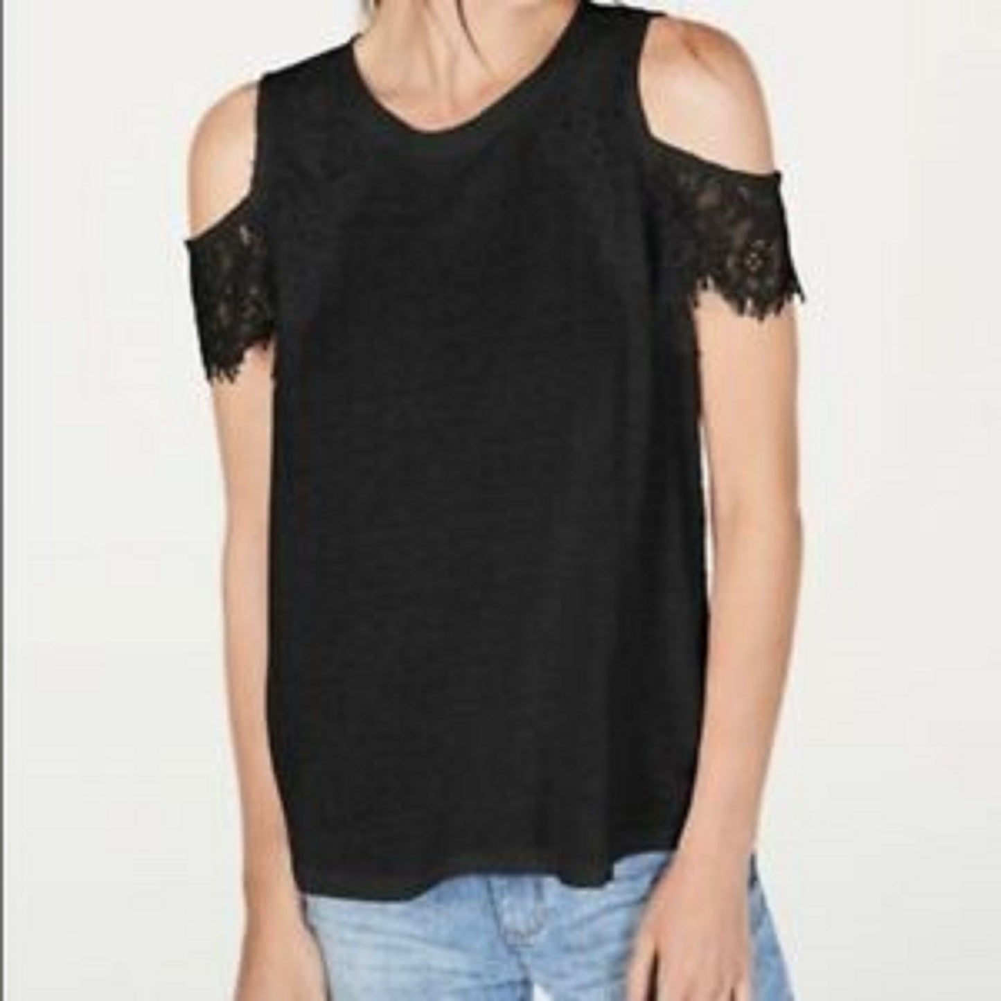 Blusa feminina de renda e linho com ombros descobertos, preta, tamanho pequeno, da INC International Concepts
