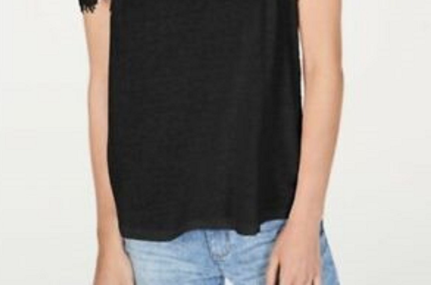 Blusa feminina de renda e linho com ombros descobertos, preta, tamanho pequeno, da INC International Concepts