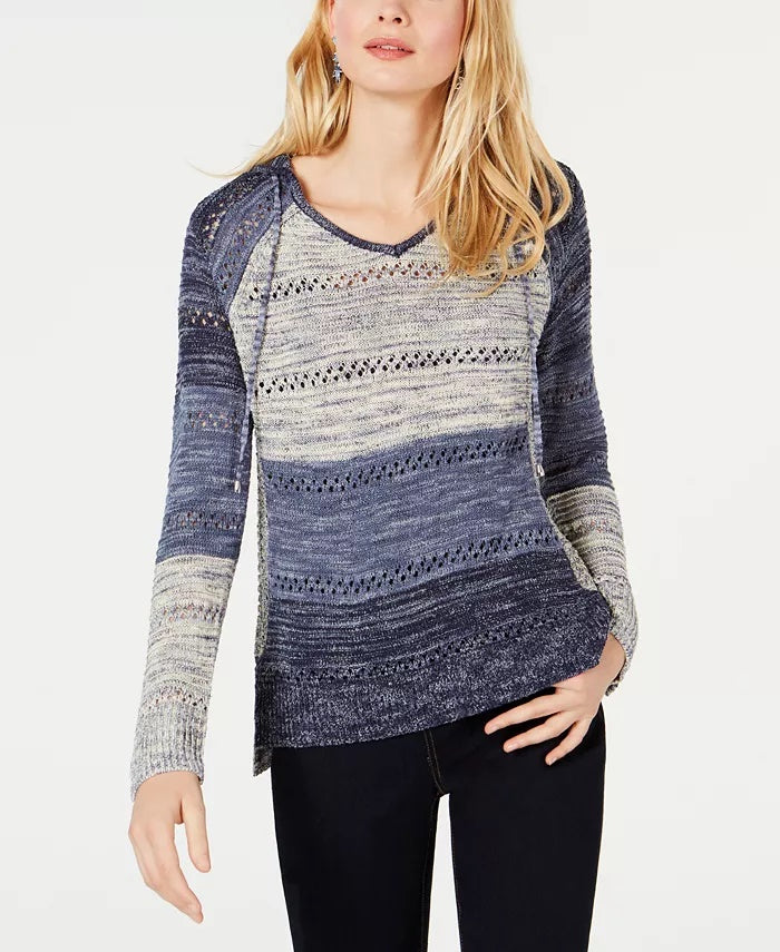 Suéter feminino com capuz e malha aberta INC International Concepts, tamanho grande, azul marinho