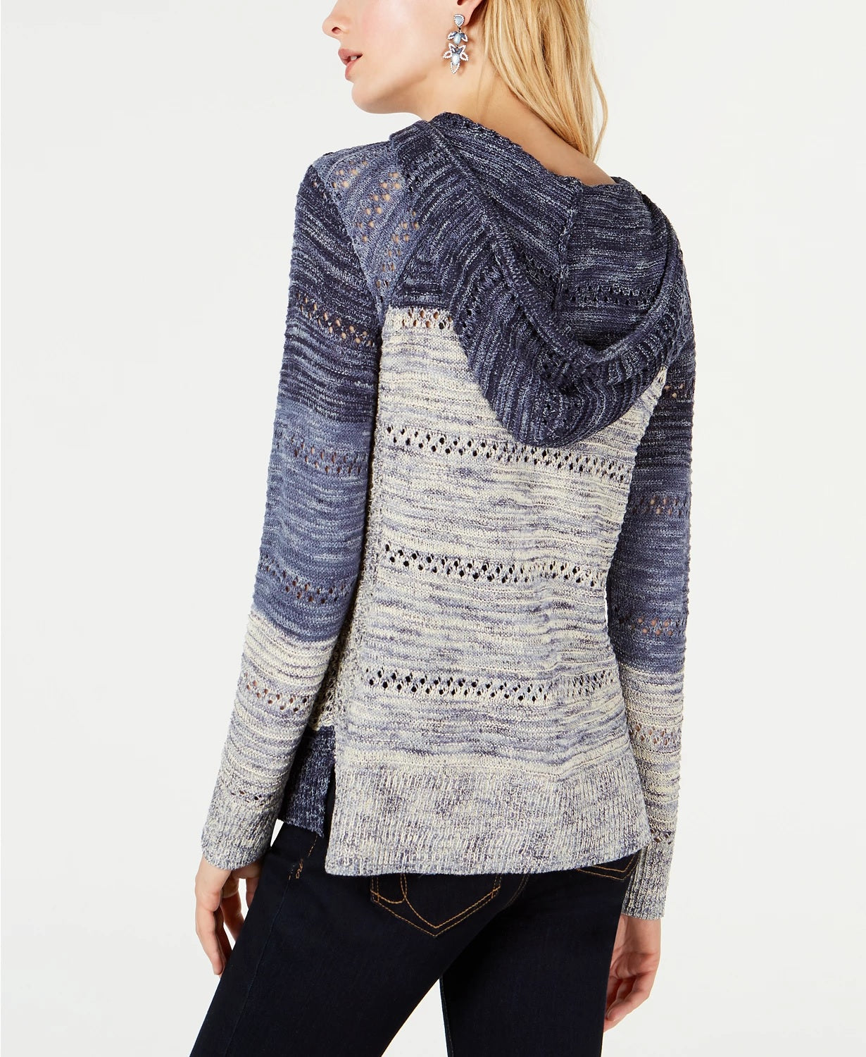 Suéter feminino com capuz e malha aberta INC International Concepts, tamanho grande, azul marinho