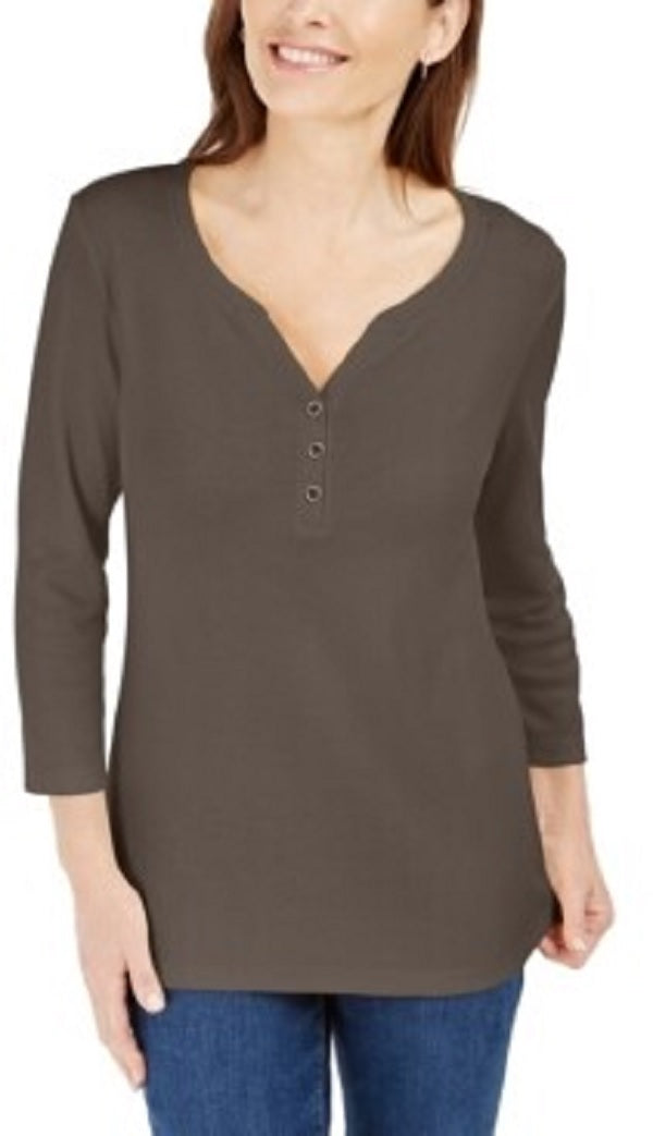 Camisa Henley de algodão feminina Karen Scott, marrom, tamanho pequeno e pequeno
