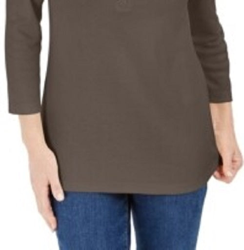 Camisa Henley de algodão feminina Karen Scott, marrom, tamanho pequeno e pequeno