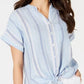Charter Club Blusa feminina listrada de linho azul tamanho médio