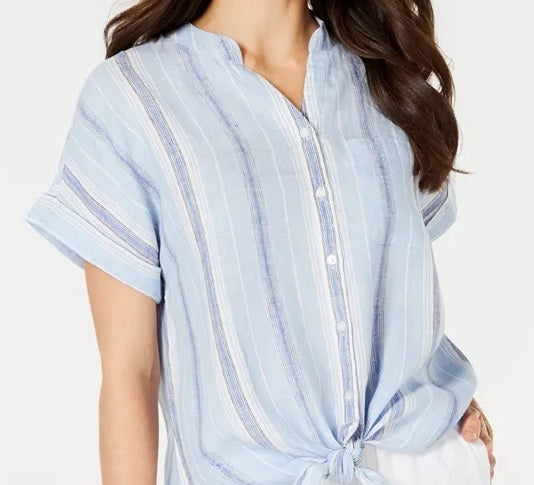 Charter Club Blusa feminina listrada de linho azul tamanho médio