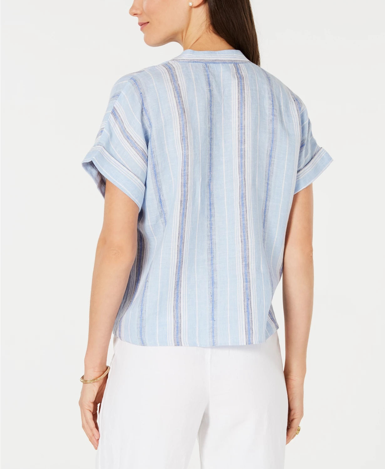 Charter Club Blusa feminina listrada de linho azul tamanho médio