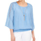 JM Women's Collection Texturizado Crochê Manga Colar Gaze Top Azul Tamanho P