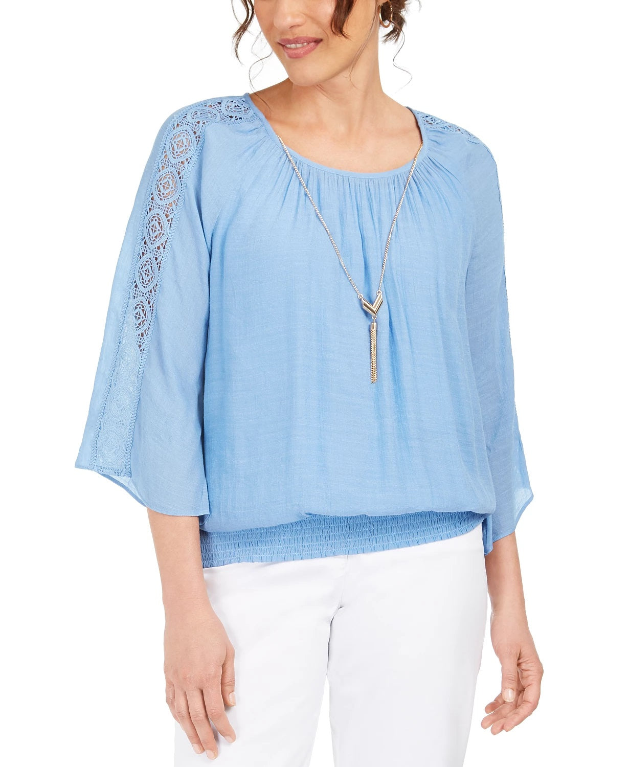 JM Women's Collection Texturizado Crochê Manga Colar Gaze Top Azul Tamanho P