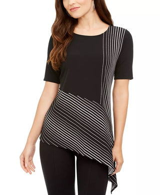 Blusa feminina Alfani estampada com bainha assimétrica, preta, tamanho pequeno