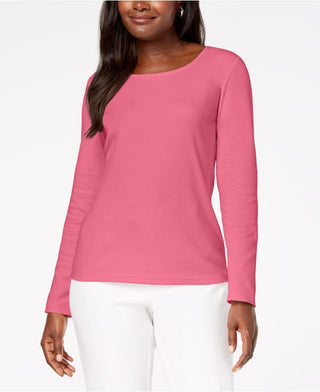 Karen Scott Blusa de algodão com decote redondo feminina, rosa escuro, tamanho pequeno