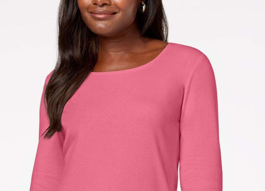 Karen Scott Blusa de algodão com decote redondo feminina, rosa escuro, tamanho pequeno