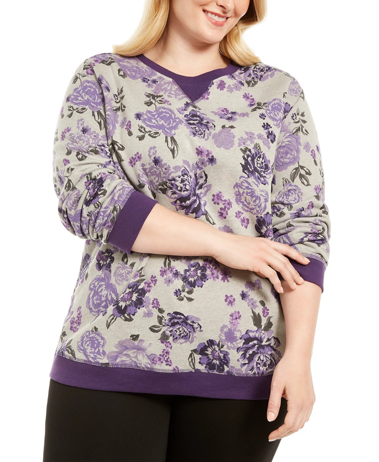 Karen Scott Blusa feminina plus size de lã estampada com gola redonda, roxa 1X
