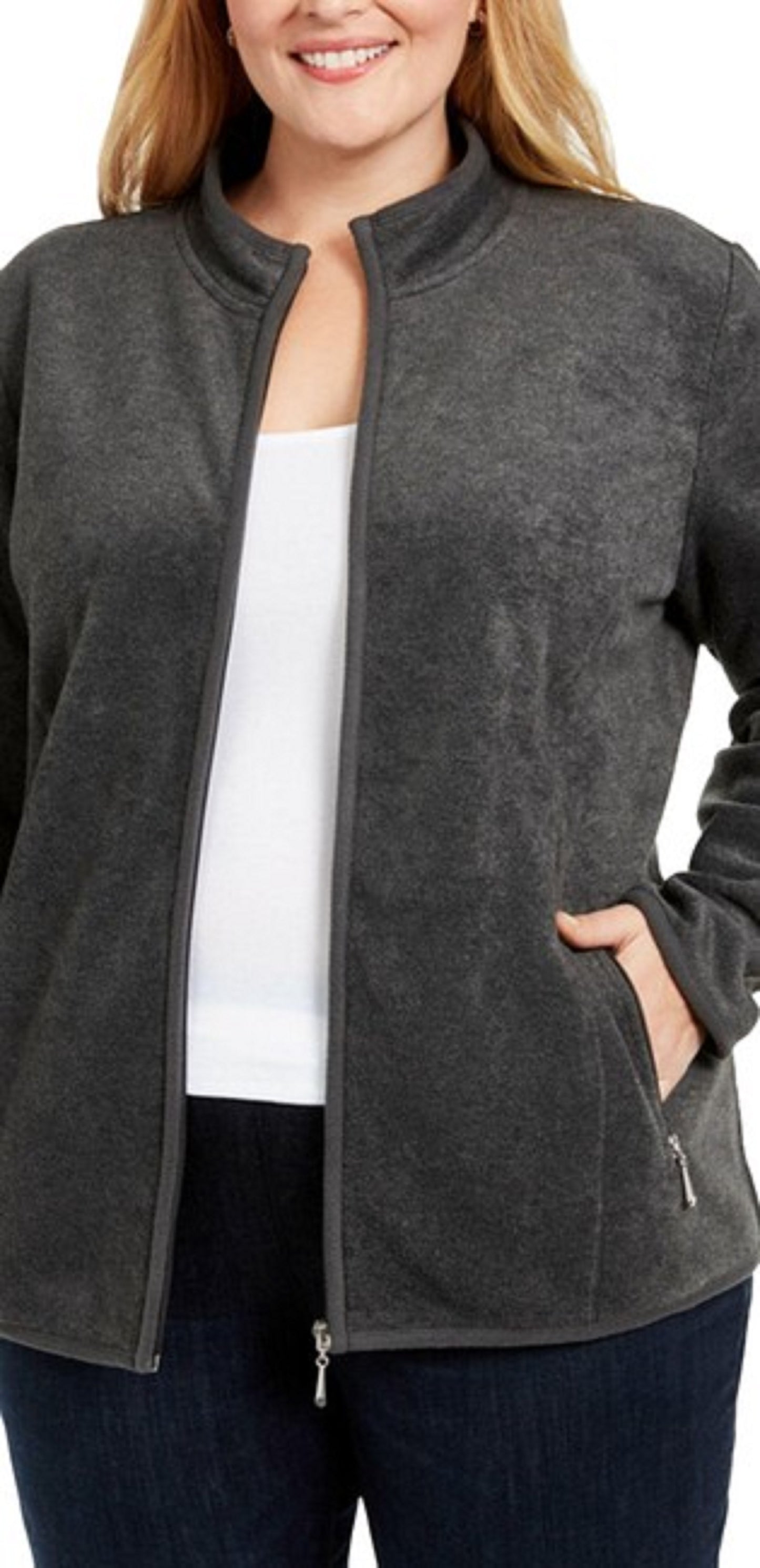 Jaqueta feminina Karen Scott Plus Size com zíper frontal, preta, tamanho 2X