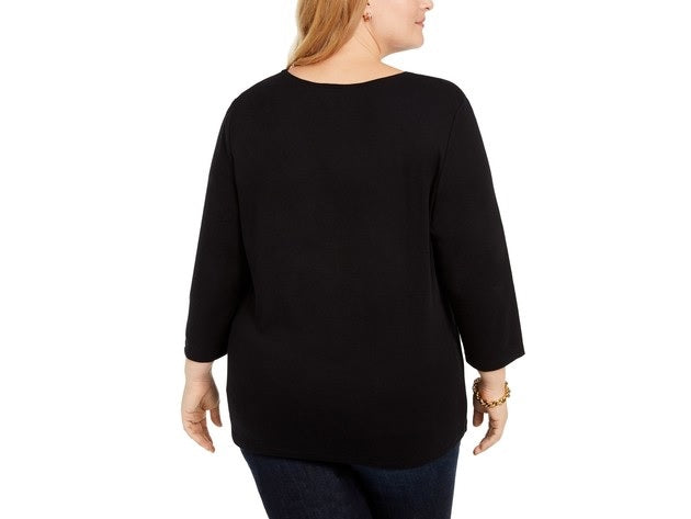 Blusa feminina Karen Scott de algodão com estampa de elefante, preta, tamanho 1X
