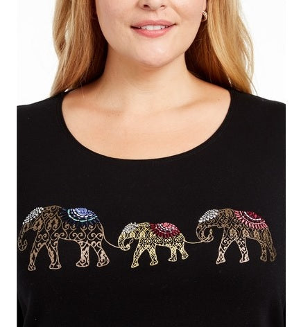 Blusa feminina Karen Scott de algodão com estampa de elefante, preta, tamanho 1X