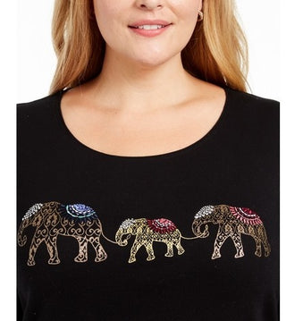 Blusa feminina Karen Scott de algodão com estampa de elefante, preta, tamanho 1X