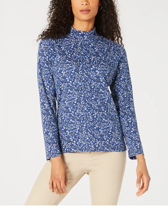 Blusa feminina Karen Scott com estampa de gola alta, azul marinho, tamanho grande