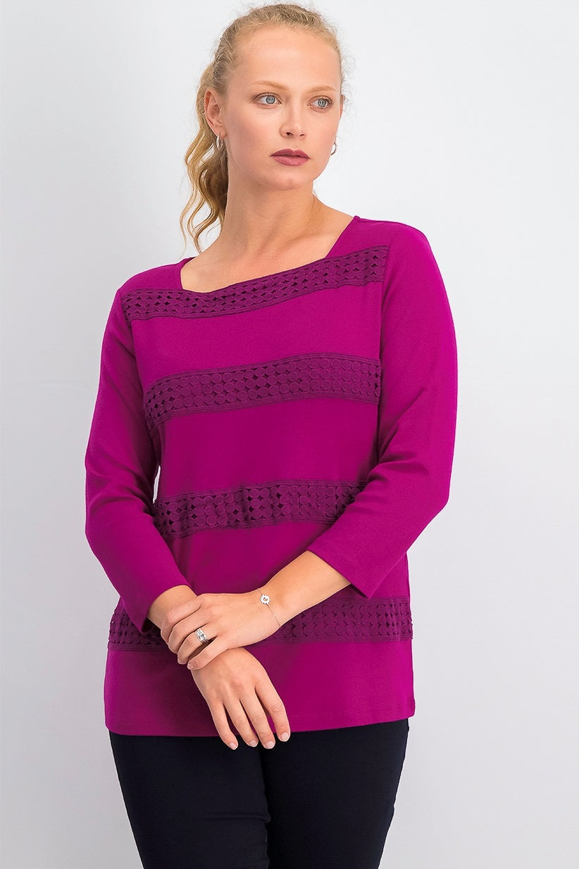 Karen Scott Blusa feminina listrada com decote quadrado e renda, rosa, tamanho grande