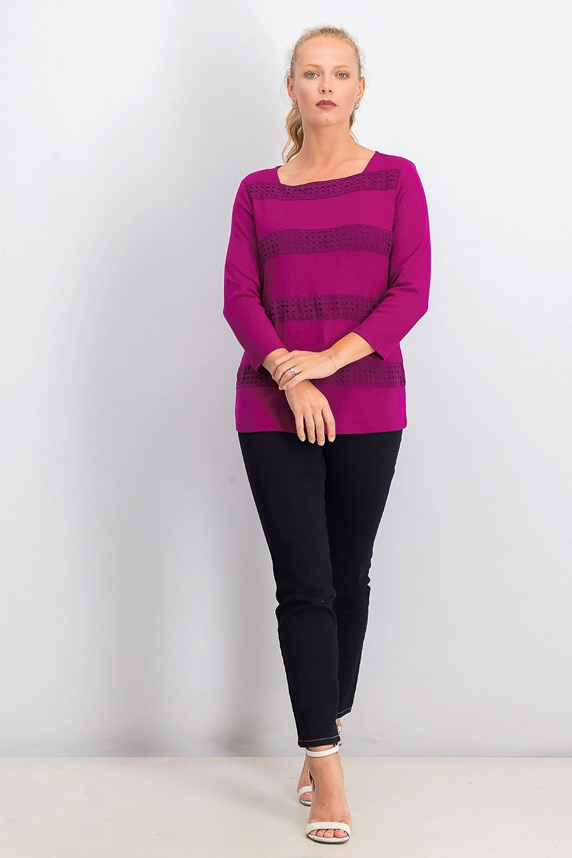 Karen Scott Blusa feminina listrada com decote quadrado e renda, rosa, tamanho grande