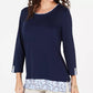 Blusa feminina Karen Scott com bainha estampada e manga 3/4, tamanho azul-marinho, médio
