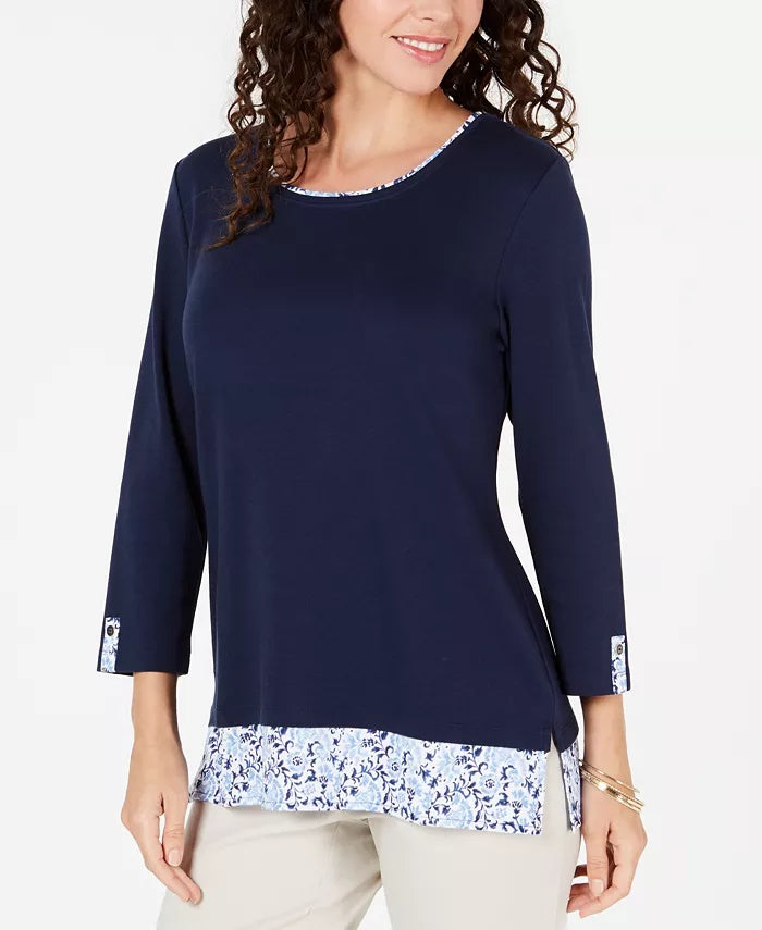 Blusa feminina Karen Scott com bainha estampada e manga 3/4, tamanho azul-marinho, médio