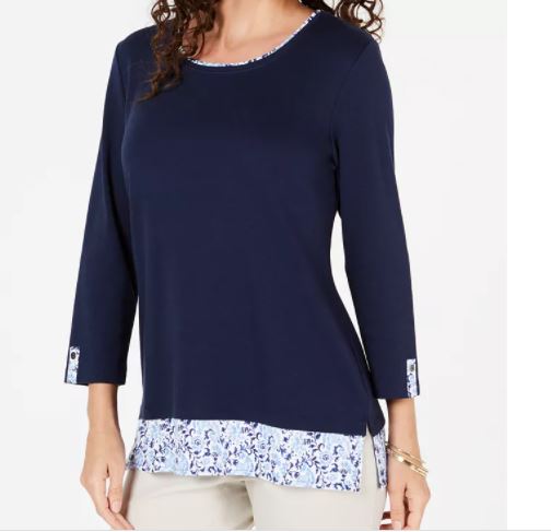 Blusa feminina Karen Scott com bainha estampada e manga 3/4, tamanho azul-marinho, médio