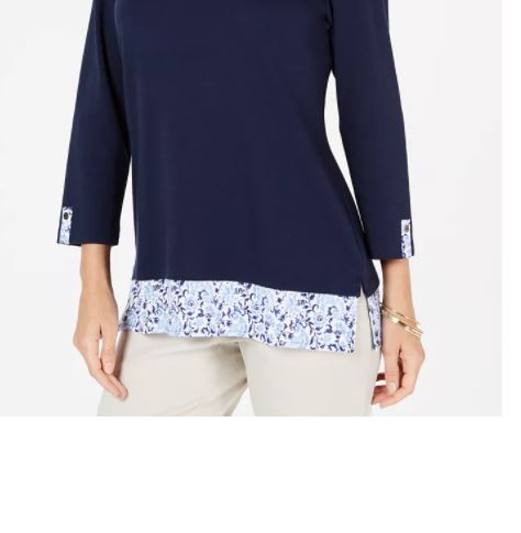 Blusa feminina Karen Scott com bainha estampada e manga 3/4, tamanho azul-marinho, médio