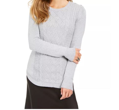 Suéter feminino de malha trançada com gola redonda metálica Charter Club, tamanho X-G, branco