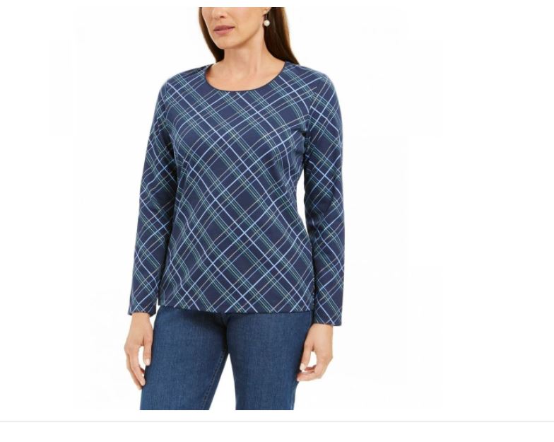 Karen Scott Blusa Feminina Holly Plaid Embelezada Azul Marinho Tamanho Grande