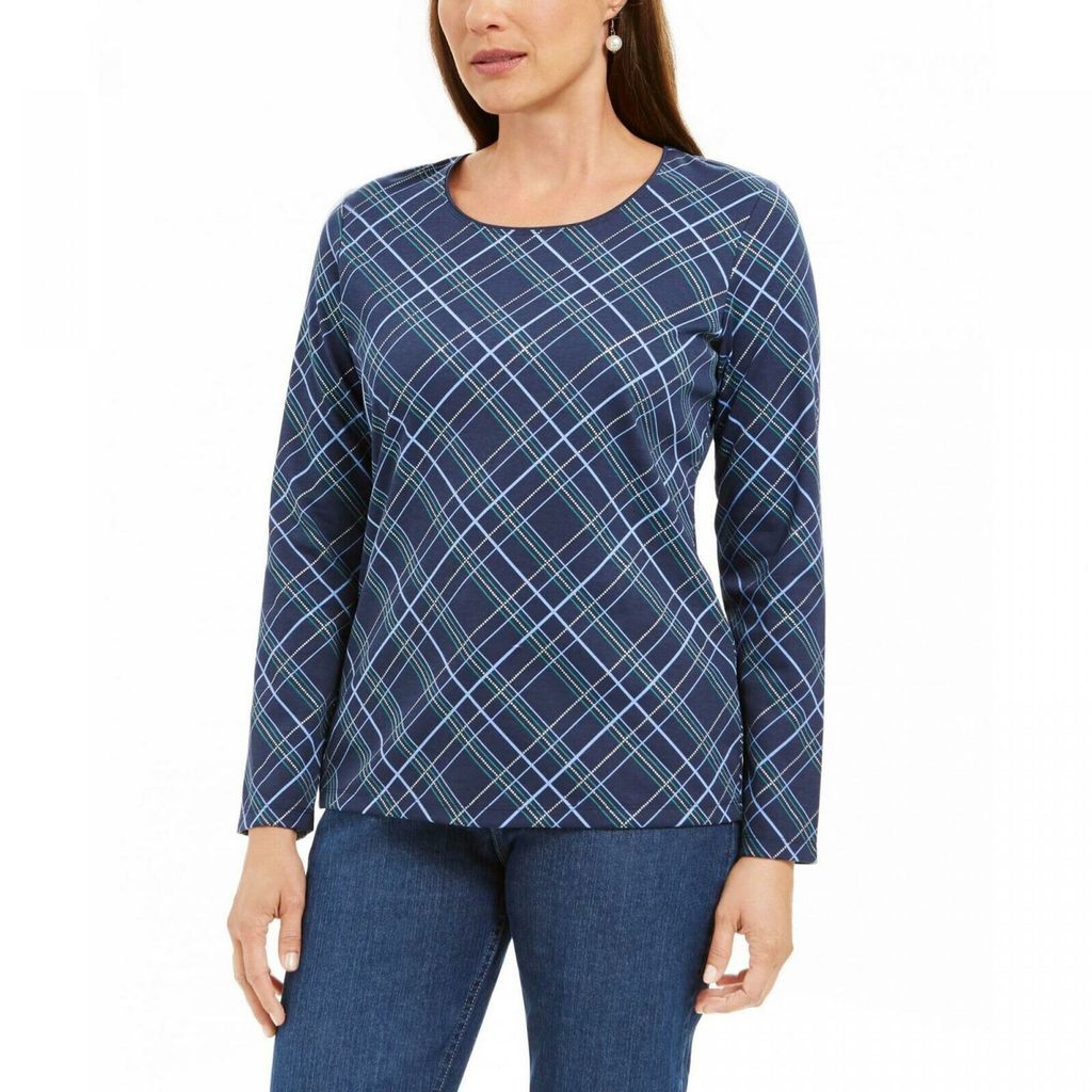 Karen Scott Blusa Feminina Holly Plaid Embelezada Azul Marinho Tamanho Médio
