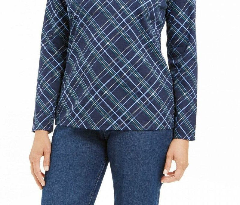 Karen Scott Blusa Feminina Holly Plaid Embelezada Azul Marinho Tamanho Médio
