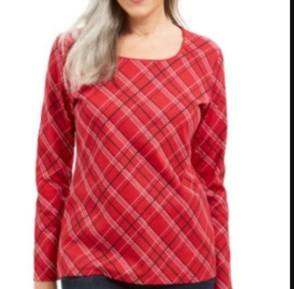 Karen Scott Blusa Feminina Holly Plaid Embelezada Vermelha Tamanho Grande