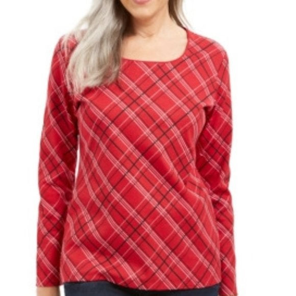 Karen Scott Blusa feminina Holly Plaid com detalhes em vermelho brilhante, tamanho XG