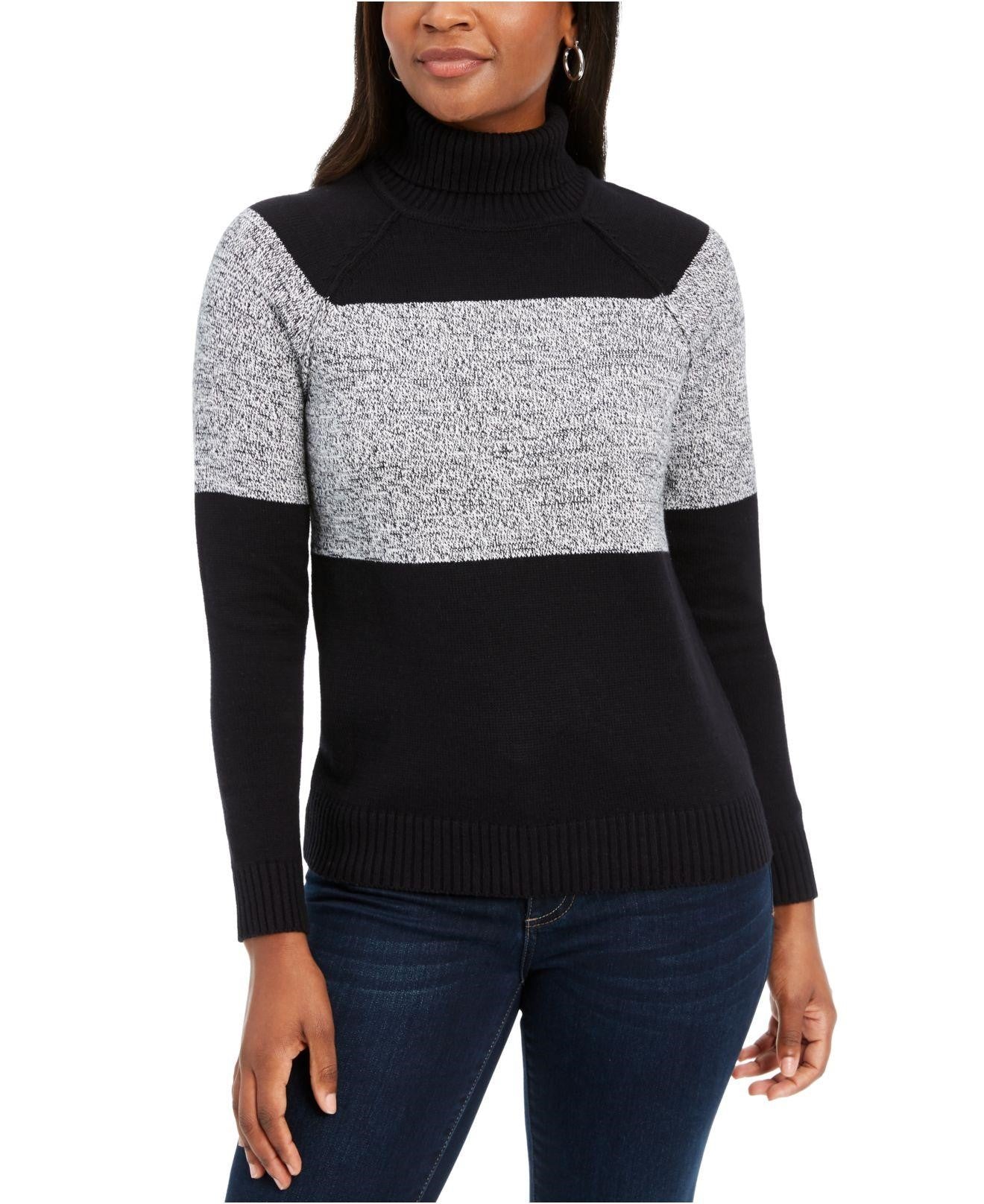 Karen Scott Suéter Feminino de Algodão com Gola Alta Colorblock, Cinza Escuro, Tamanho Extra Grande