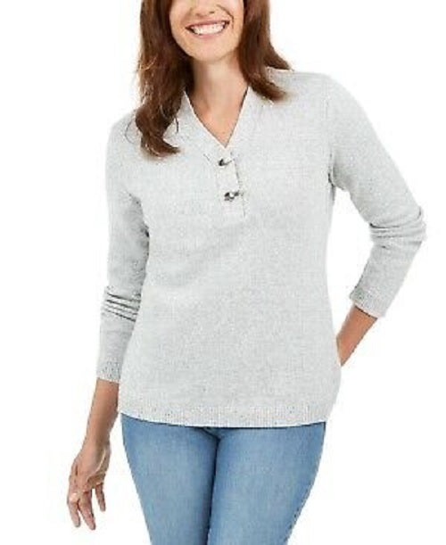Karen Scott Suéter Henley Feminino de Algodão Marmorizado Tamanho Natural Pequeno