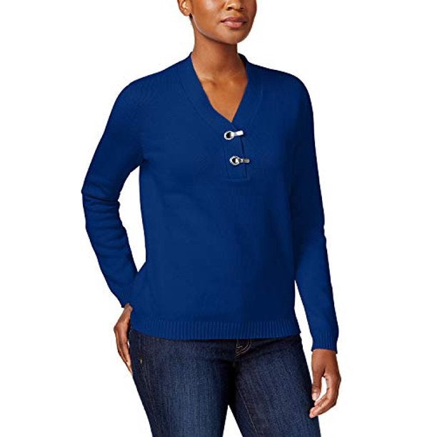 Karen Scott Suéter Henley Feminino de Algodão Azul Brilhante Tamanho Pequeno
