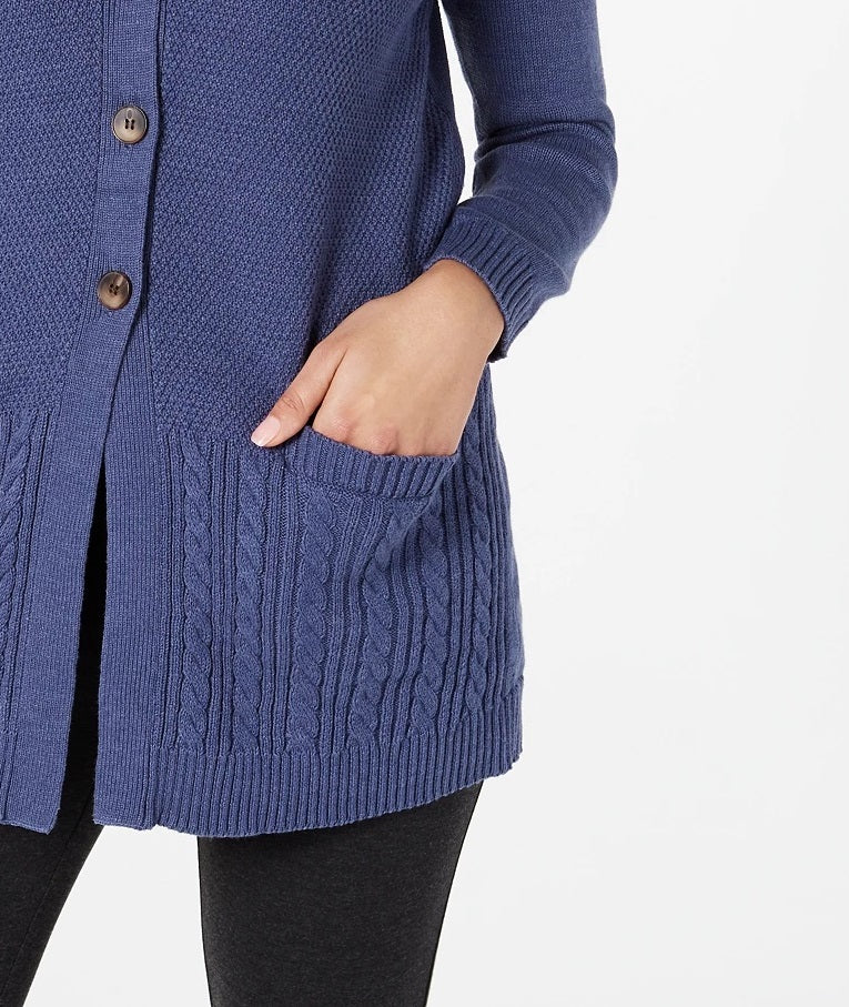 Karen Scott Cardigan Feminino com Botões Frontais e Pontos Mistos, Azul Marinho, Tamanho Grande